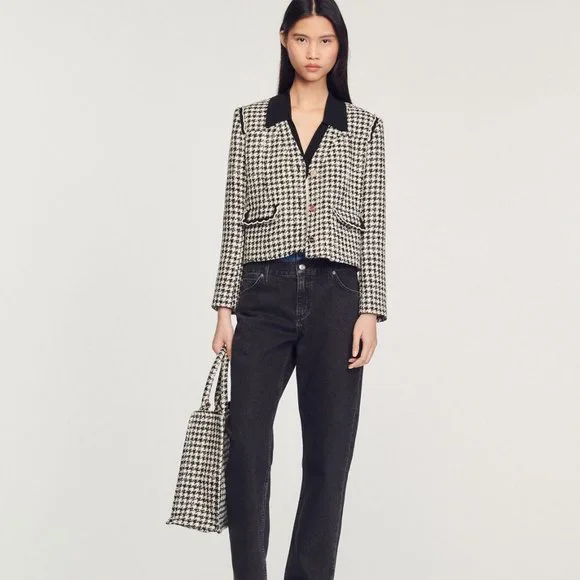 Sandro Houndstooth Tweed Jacket, Black, Size 36 / S - Picture 9 of 11